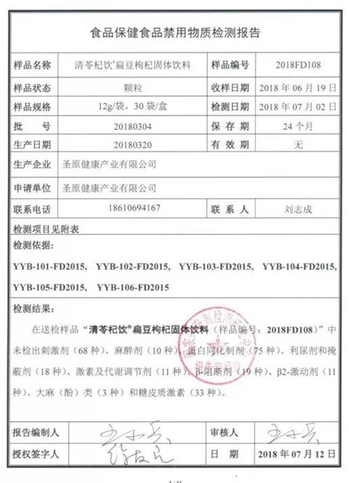热烈祝贺!圣原清苓杞饮通过国家兴奋剂检测研究中心检测