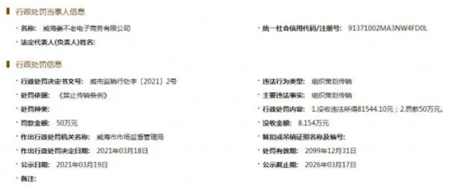 威海姜不老电子商务有限公司因组织策划传销被罚没58万余元