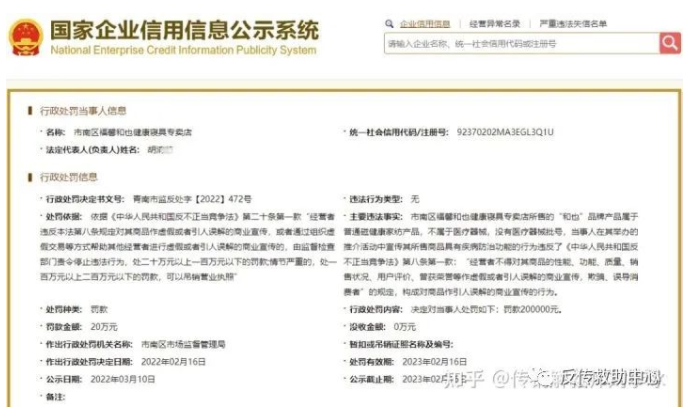 寝具冒充医疗器械宣称治疗疾病:和也健康专卖店被罚20万元